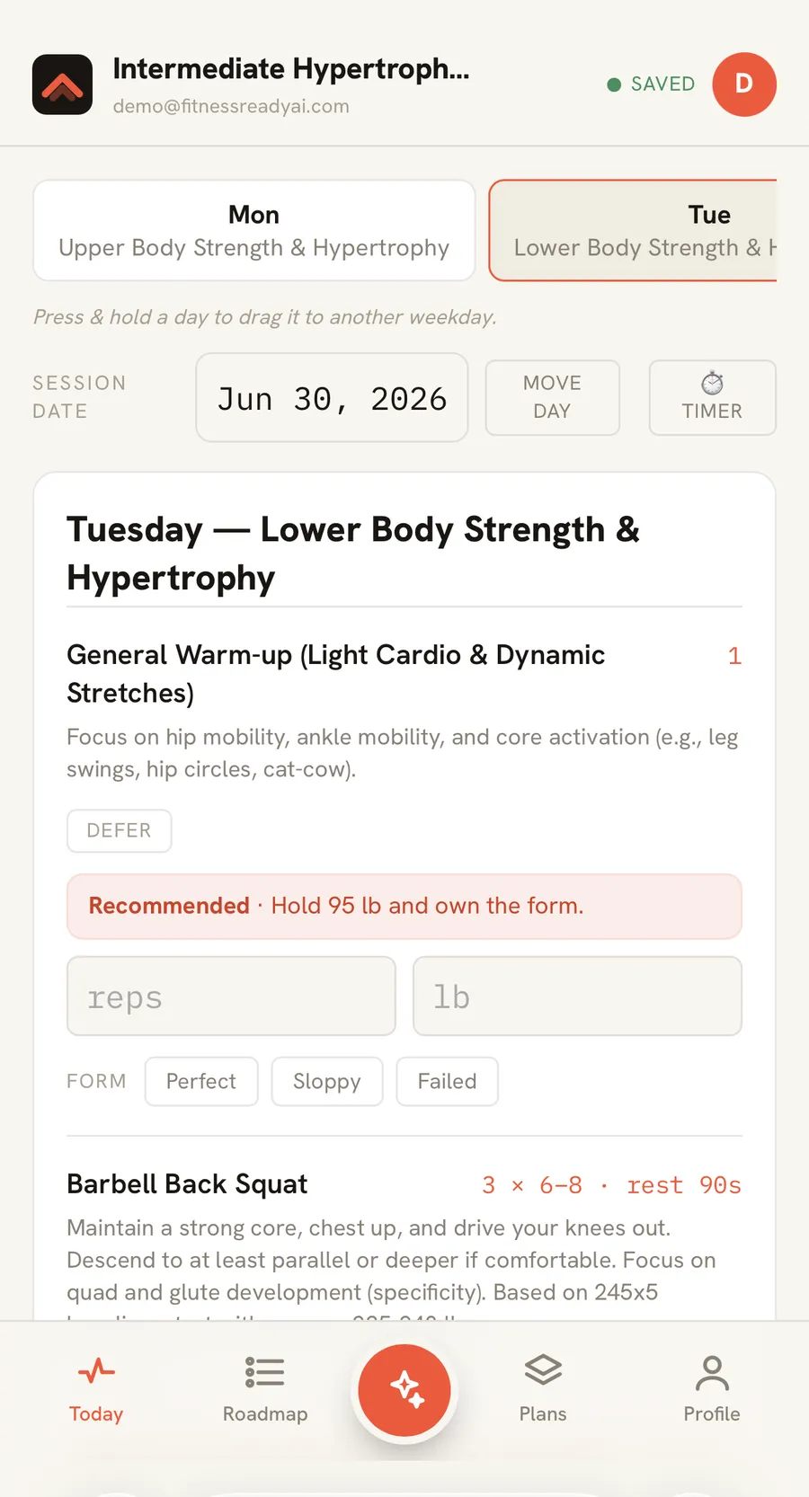 FitnessReadyAI plan view with set logging on iPhone